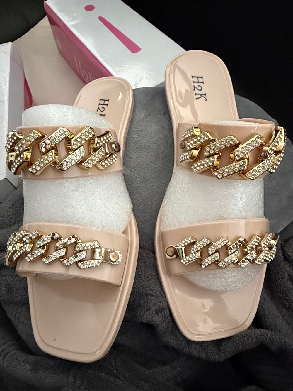 New in box Nude Pink Chain-Embellished Slide Sandals size 9